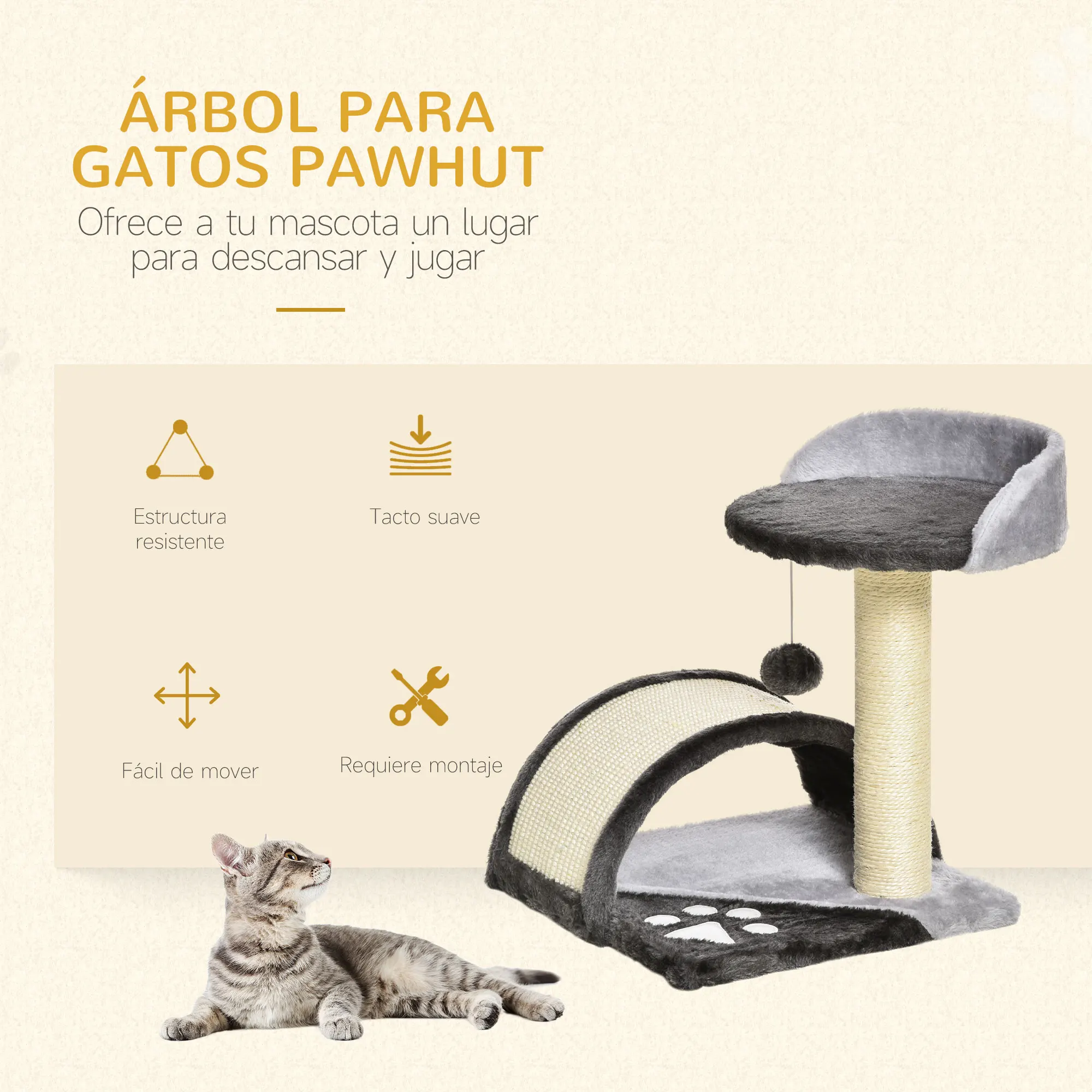 PawHut-Grattoir à chat arbre à 2 niveaux avec poteau, planche à gratter beige – Image 4