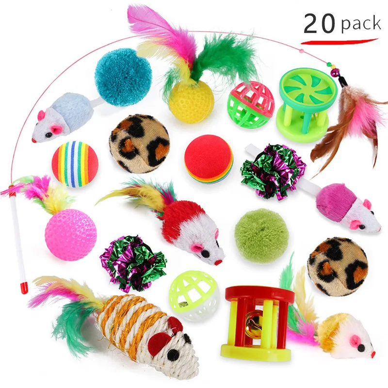 Jouets pour chaton, paquet varié, ensemble combiné de jouets pour animaux de compagnie, bâton amusant pour chat, souris en Sisal, cloche, balle, fournitures pour chat – Image 2