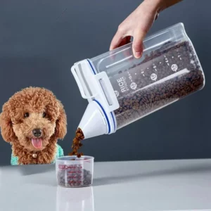Seau de nourriture pour chien et chat, réservoir de stockage en plastique avec tasse à mesurer, pot scellé résistant à l'humidité, accessoires de fournitures pour animaux de compagnie, 1.5kg/2kg