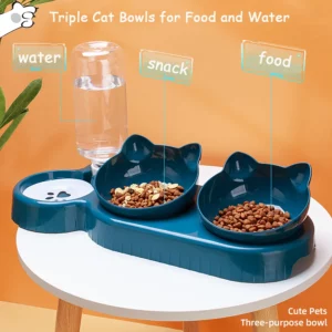 Bols triples mangeoire pour animaux de compagnie, bols doubles 2 en 1 avec bouteille à boire automatique, conception inclinée et rotative pour chats et chiens